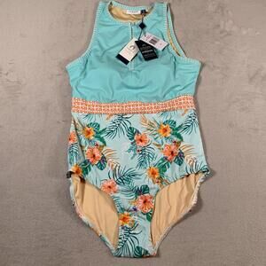 Cabana Life Swimsuit Womens Medium Blue Floral Cayman Keyhole One‎ Piece UV 50+